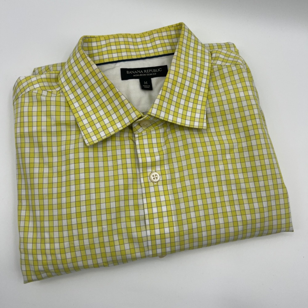 Banana Republic Non Iron Slim Fit Yellow White Plaid Dress Shirt Men's Medium